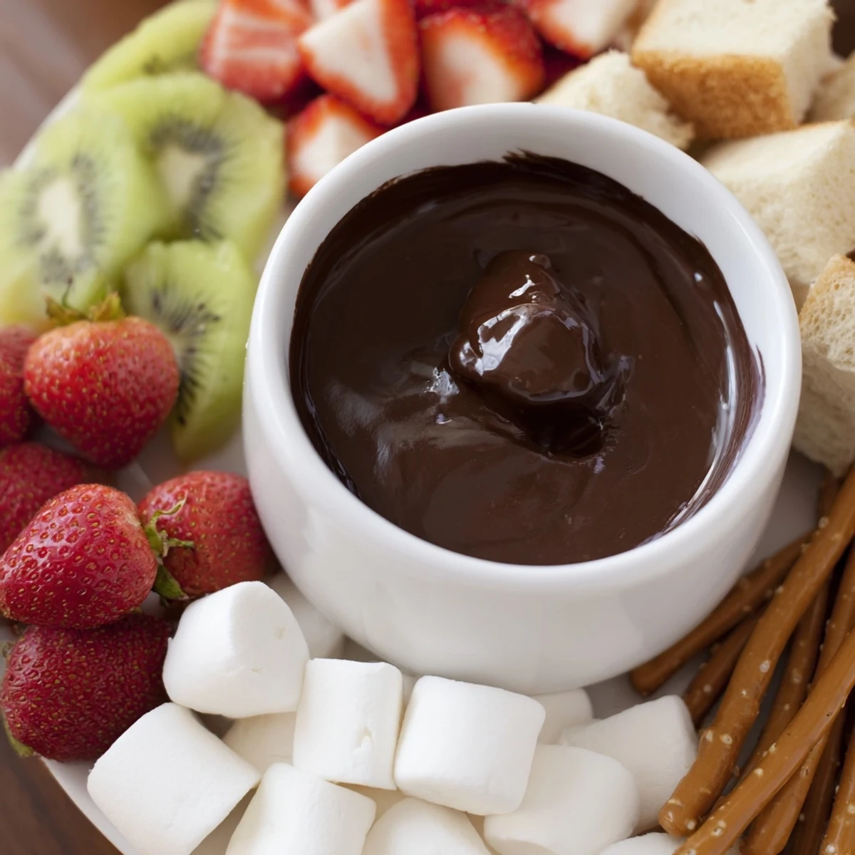 Intimate Date Night Chocolate Fondue bubbling gently in a fondue pot, ready for romantic dessert skewers and sweet, creamy bites.