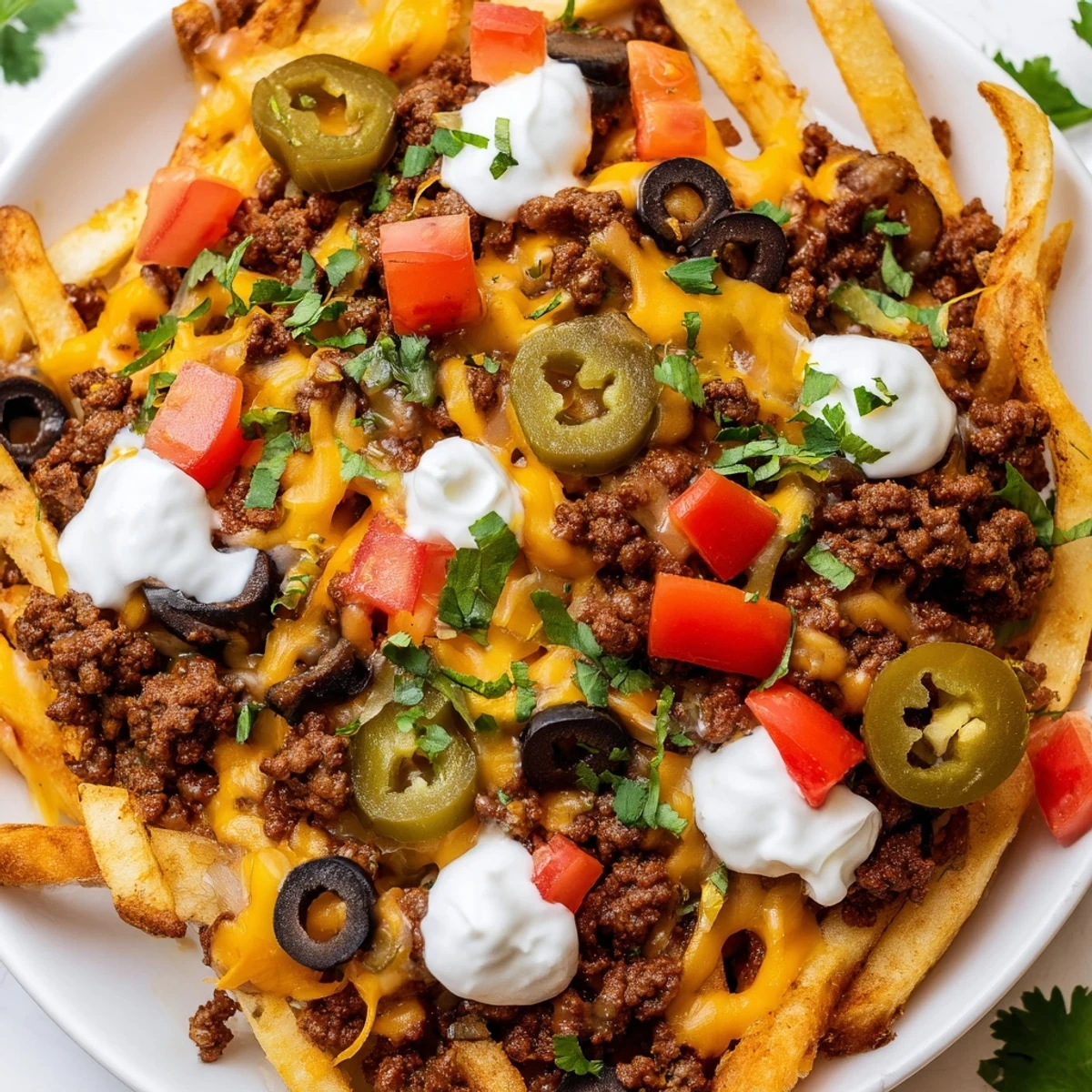 Cheesy, crispy nacho fries piled high with beef, tomatoes, olives, and green onions, served hot for game day gatherings.
