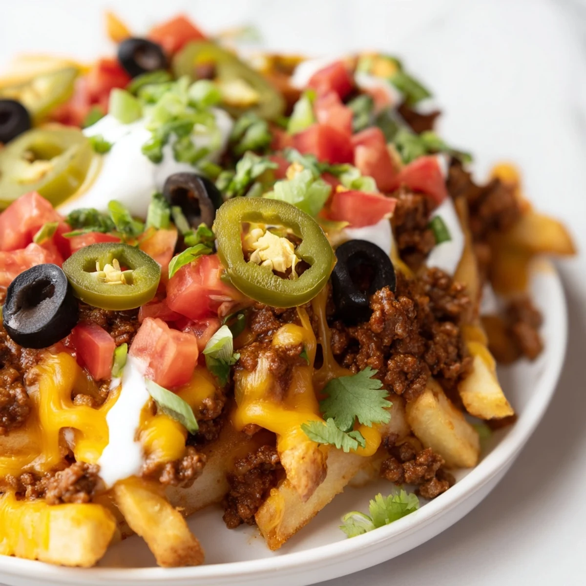 A close-up of hot loaded nacho fries drizzled with sour cream and cilantro, ready for a festive Super Bowl snack.