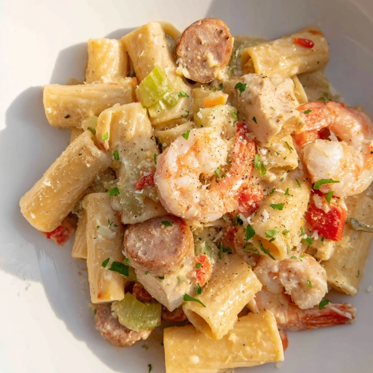 Penme pasta loaded with Cajun-spiced shrimp and sliced andouille sausage in a creamy, vibrant sauce.