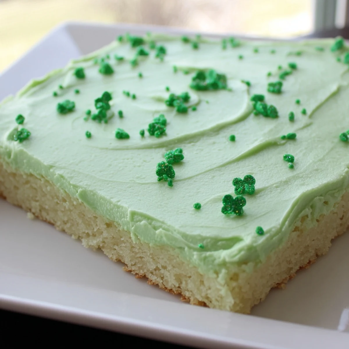 Soft Shamrock Cookie Bars with creamy green frosting and festive sprinkles, perfect for St. Patrick's Day celebrations.  
