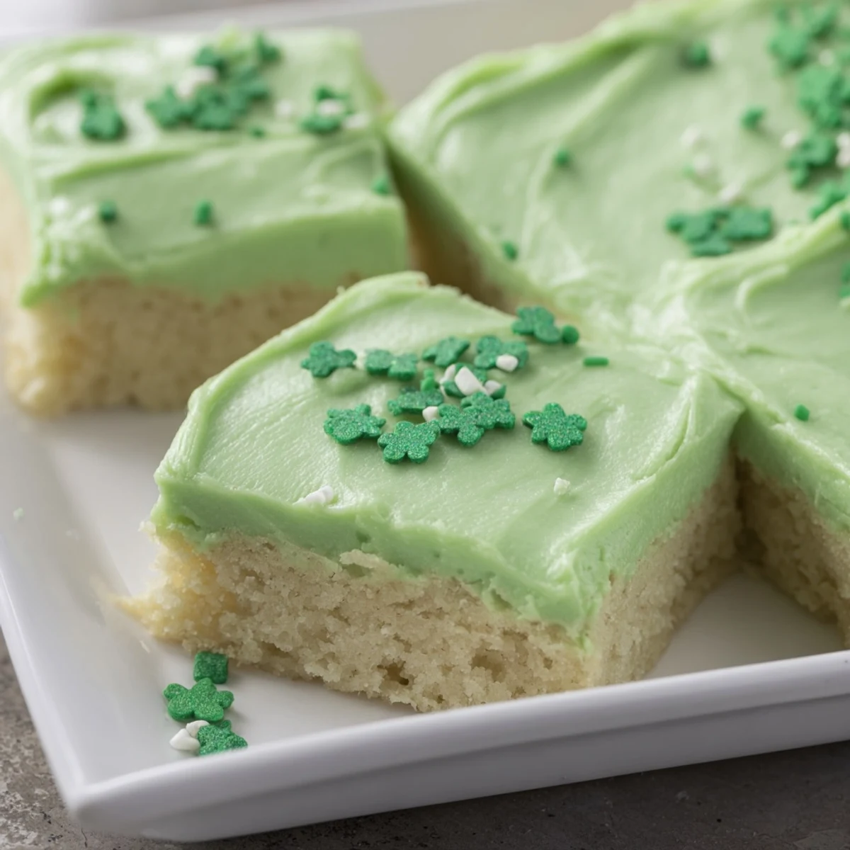 Frosted Shamrock Cookie Bars on a rustic wooden table, topped with shamrock-shaped sprinkles for a lucky touch.  