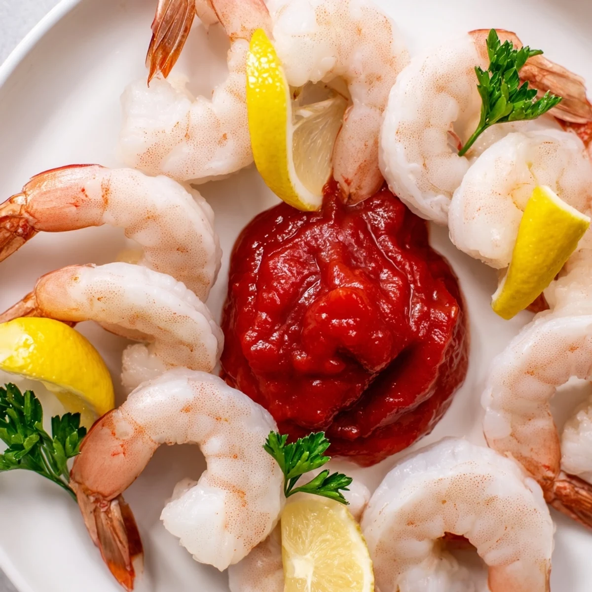 Tails-on shrimp are served over ice with a bowl of zesty homemade cocktail sauce.