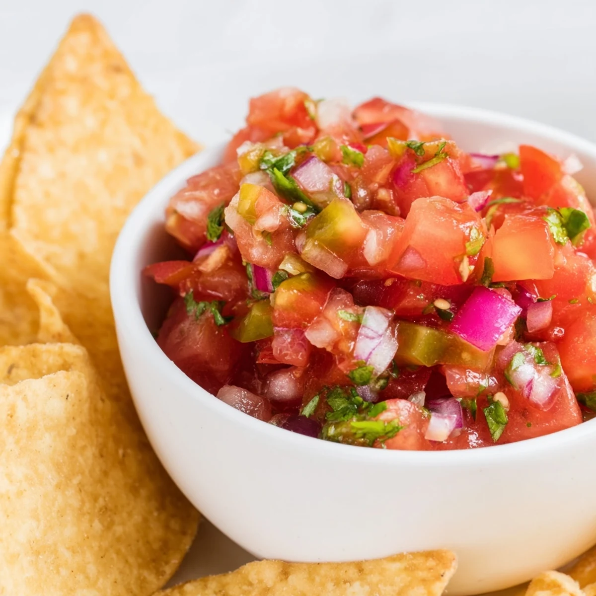 A vibrant bowl of homemade Big Game Chips and Salsa, featuring crispy golden tortilla chips paired with a fresh, chunky tomato salsa perfect for game day snacking.