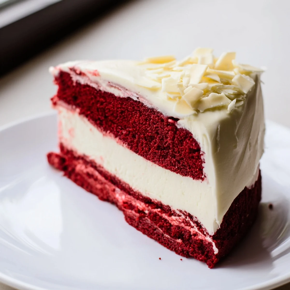 A rich slice of Red Velvet Cheesecake shows vibrant red cake and smooth white cream cheese layers on a dessert plate.