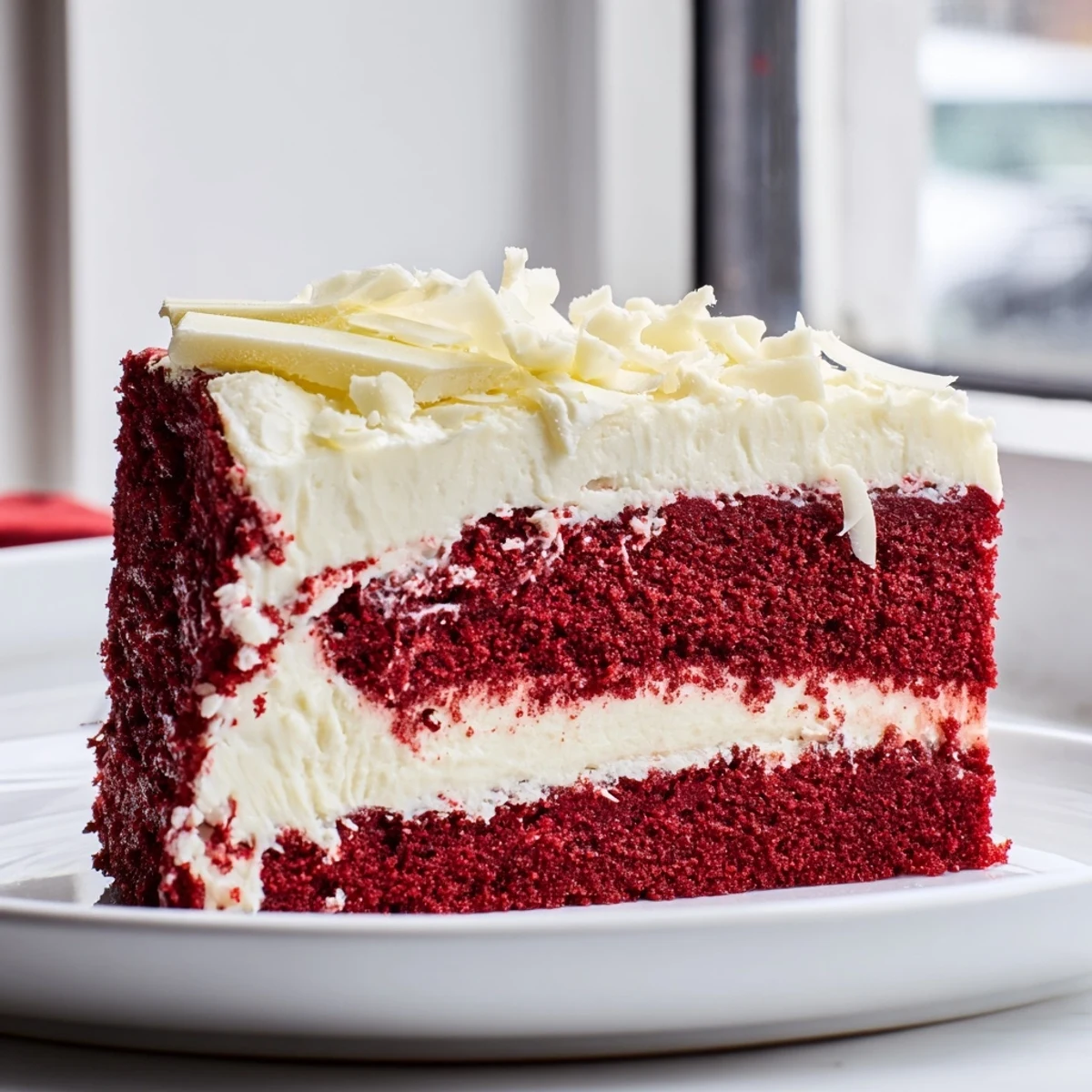 Close-up of Red Velvet Cheesecake with glossy cream cheese frosting and white chocolate shavings, ready for a special occasion.