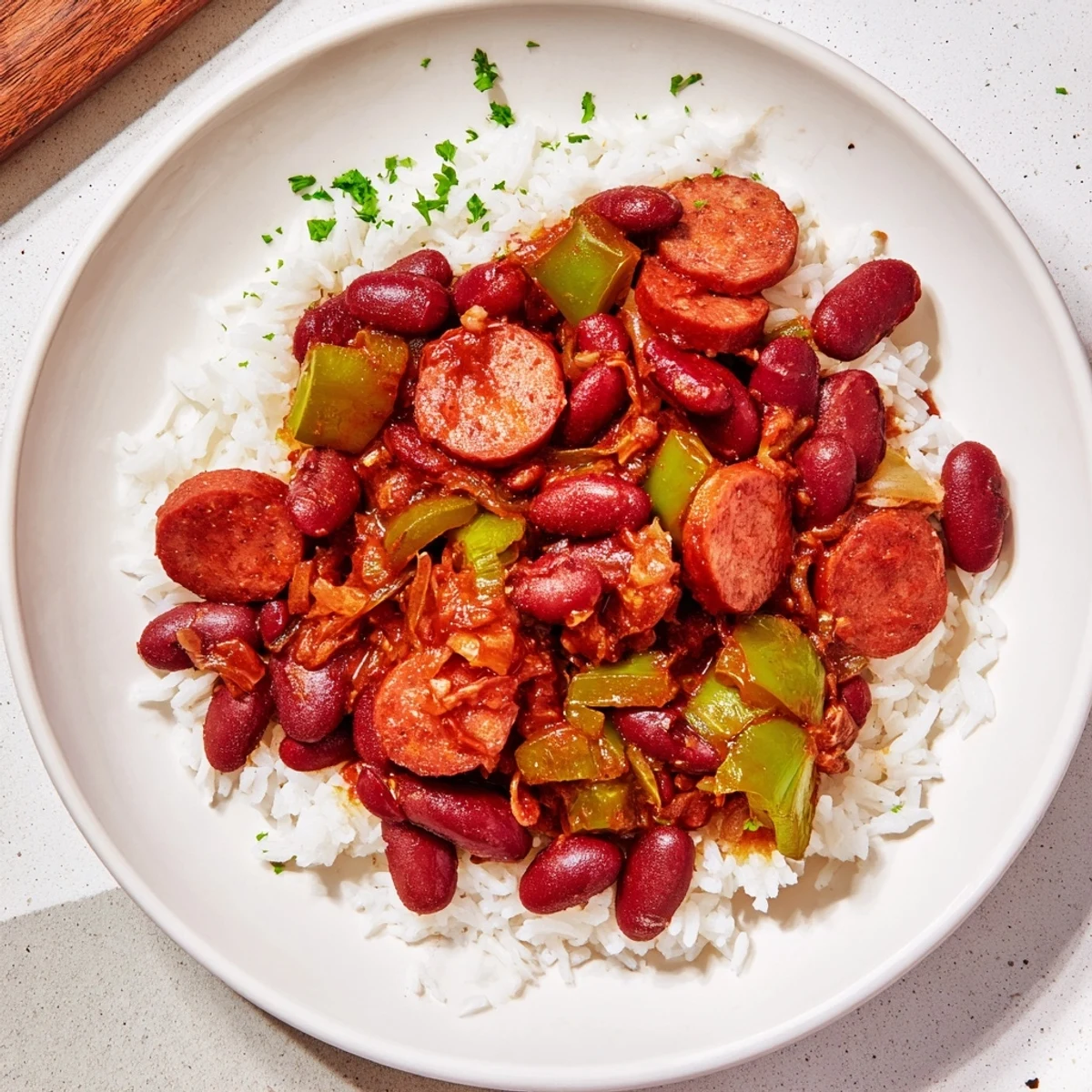 A bowl of Creole Red Beans and Rice, featuring creamy beans and smoky andouille sausage over fluffy white rice, garnished with fresh parsley.  