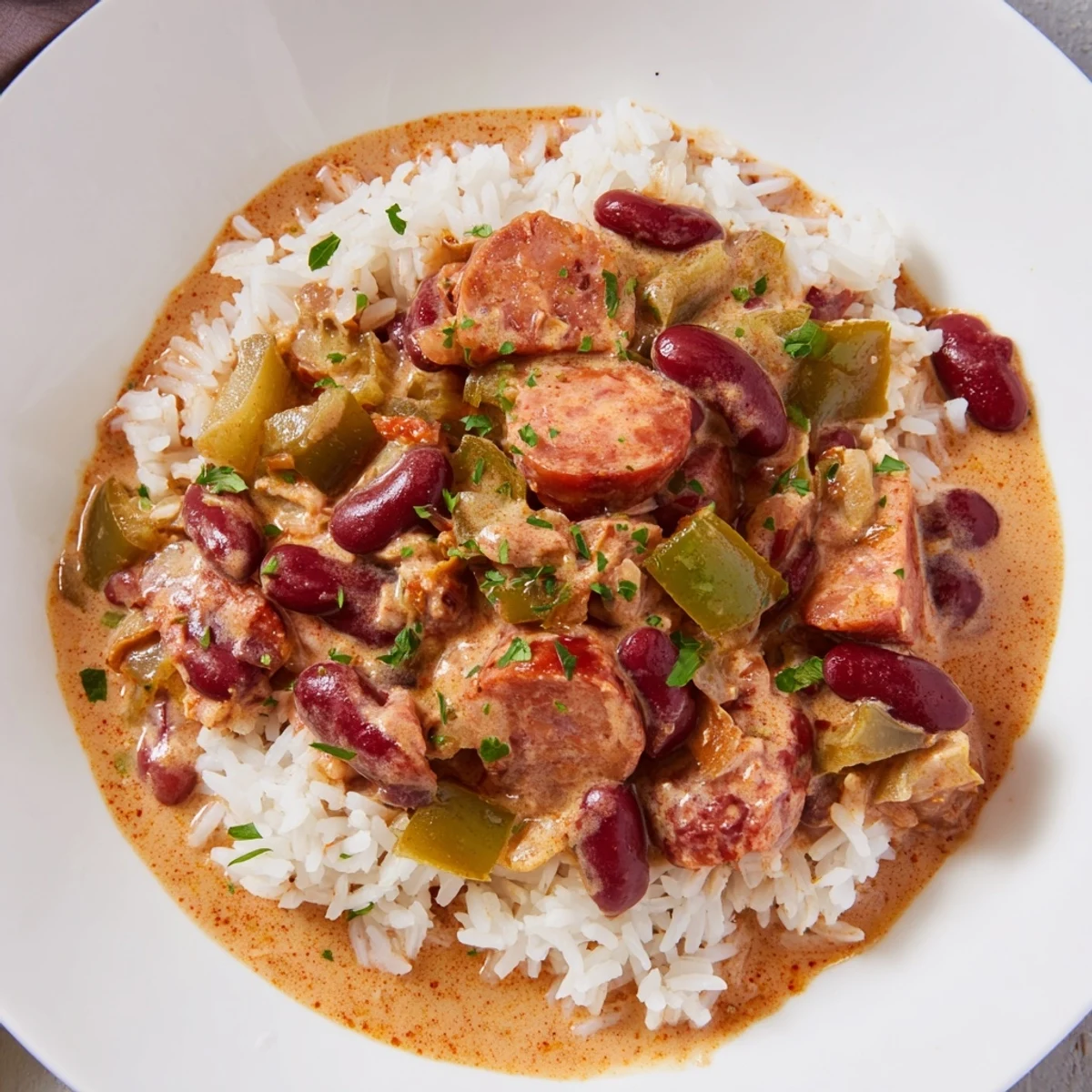 Steaming Creole Red Beans and Rice in a rustic bowl, with tender kidney beans, diced vegetables, and spicy smoked sausage, perfect for a hearty Southern meal.  