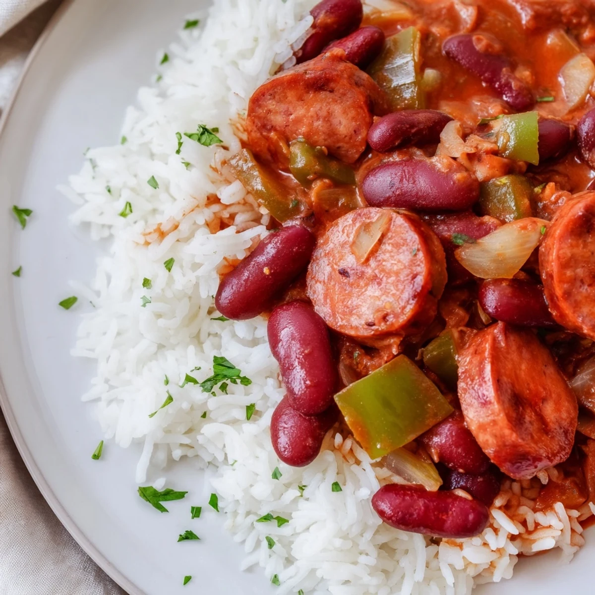 Savory Creole Red Beans and Rice served in a cast-iron pot, showcasing tender beans, aromatic spices, and andouille sausage alongside fluffy white rice.