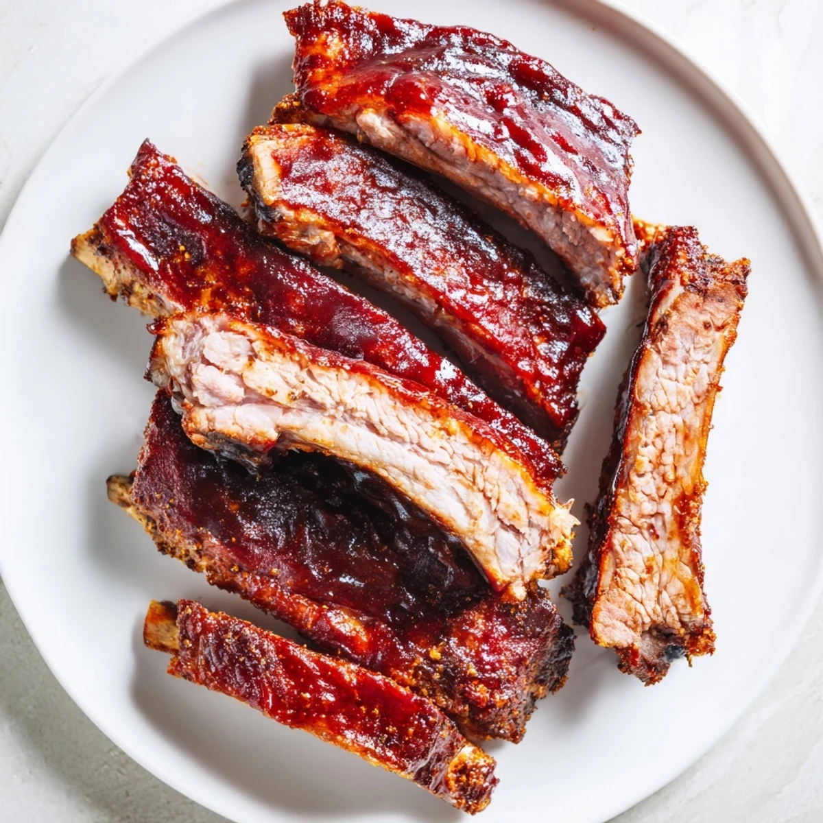 Sticky, caramelized Tailgate Ribs with BBQ Sauce resting on a plate, drizzled with extra sauce beside cornbread.