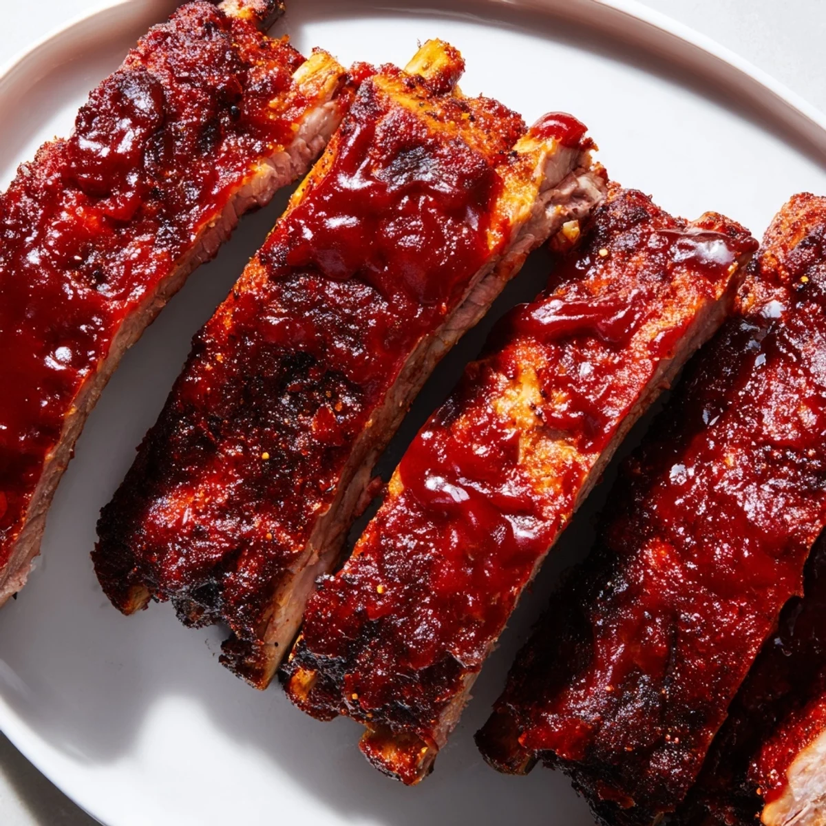 Smoky Tailgate Ribs with BBQ Sauce served on a checkered picnic blanket, stacked on a cutting board.