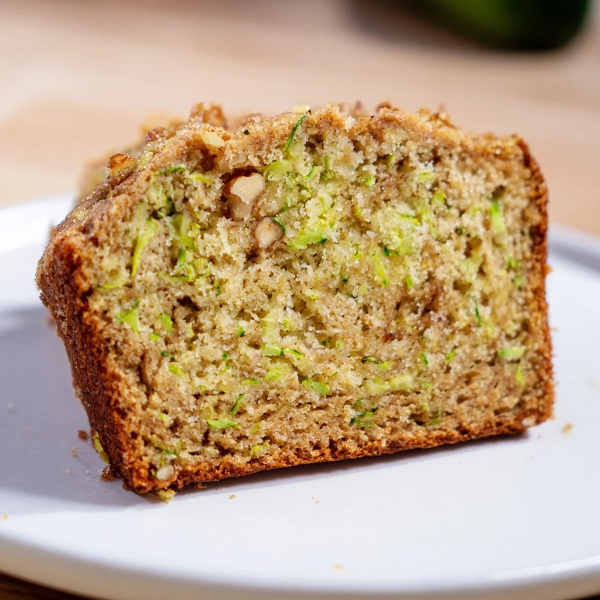 Freshly baked Green Zucchini Bread slices showcasing a moist, tender crumb studded with flecks of green vegetable and crunchy chopped walnuts.  