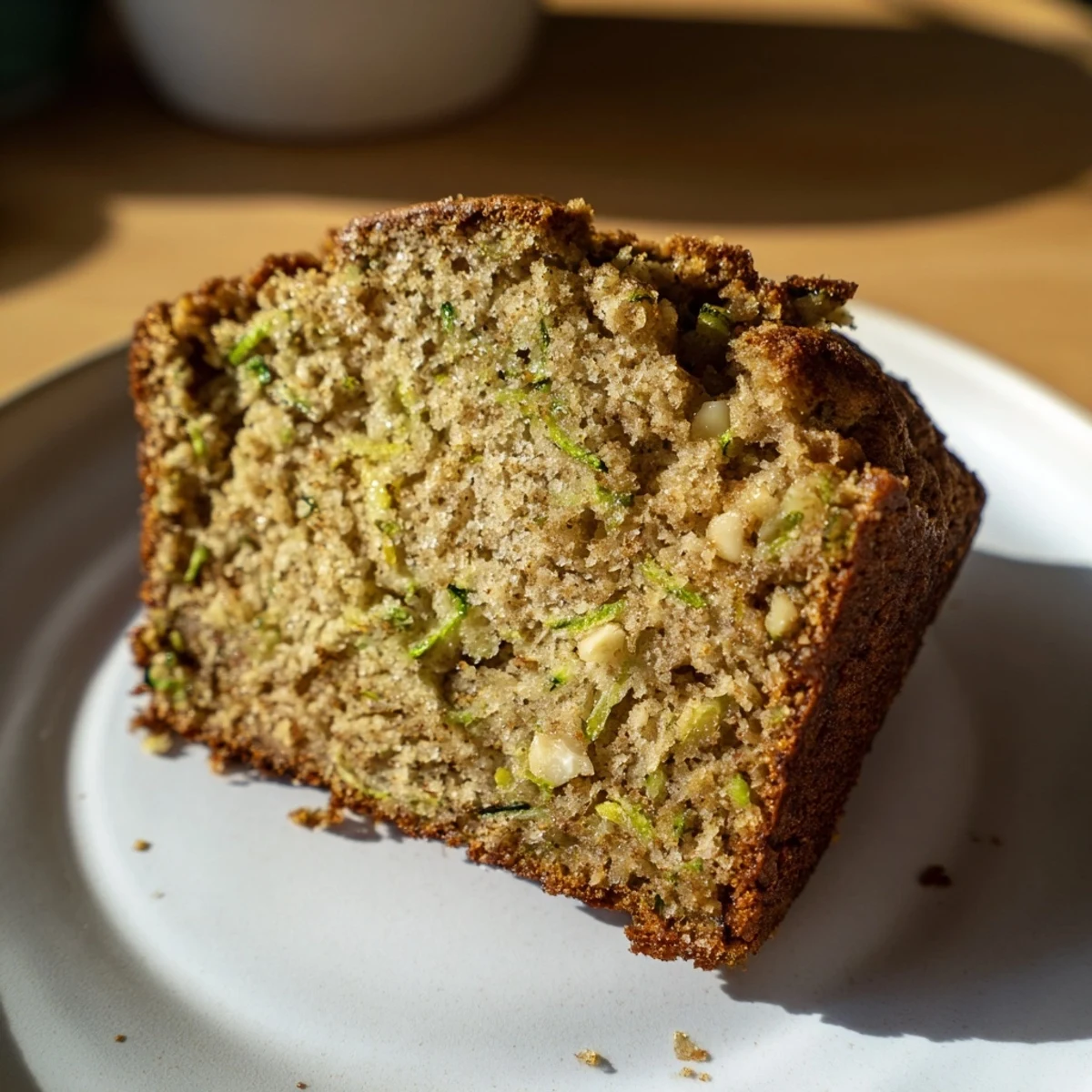 Morning slice of homemade Green Zucchini Bread, lightly toasted and served with a smear of cream cheese and a hot cup of coffee.