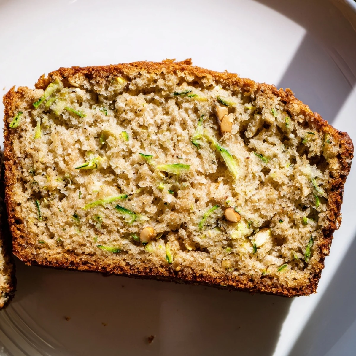 Golden-brown loaf of Green Zucchini Bread cooling on a wire rack, with a generous pat of melting butter on a warm slice ready to be eaten.  