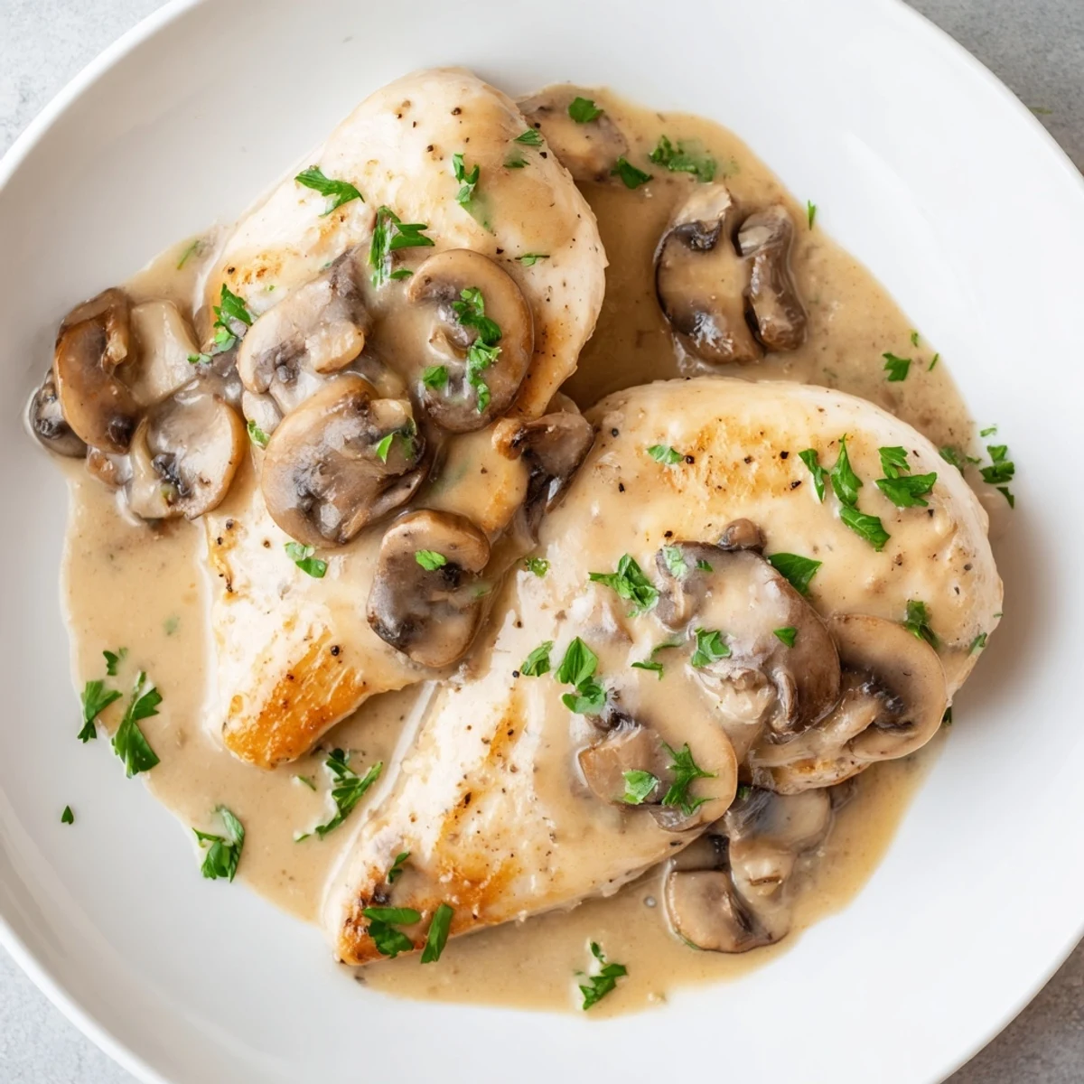 Tender chicken breasts are pan-fried to a golden brown for Date Night Chicken Marsala.