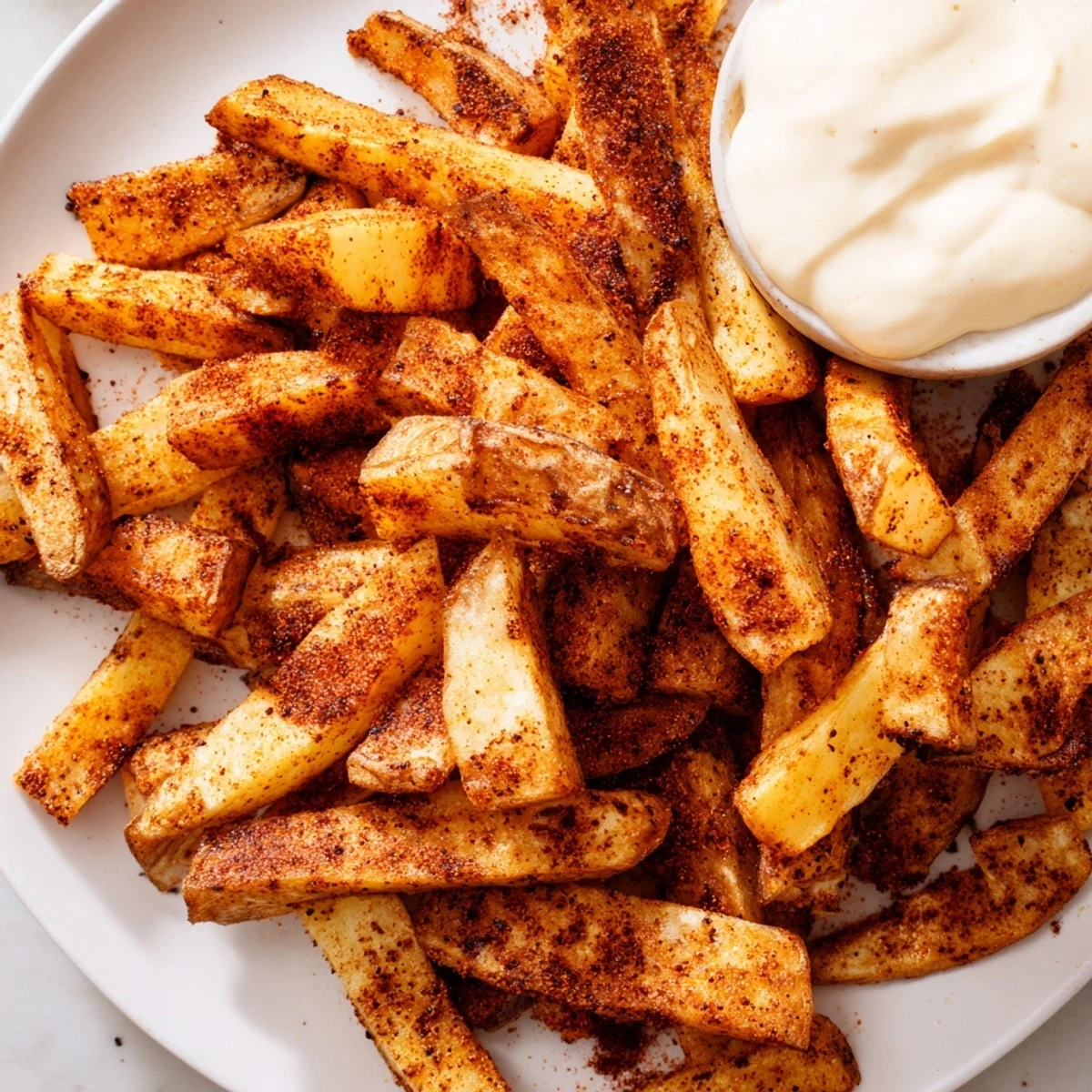 Cajun Spiced Fries with Remoulade, golden and crispy, are served hot with creamy dipping sauce.