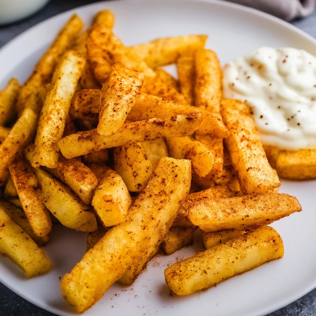 Golden fries dusted in spicy seasoning, perfect for dipping into a zesty Cajun Spiced Fries with Remoulade.