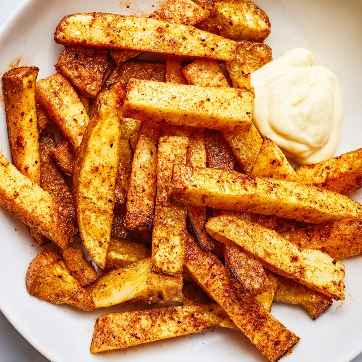 Freshly baked fries piled high, seasoned with bold Cajun spices next to a small bowl of remoulade.