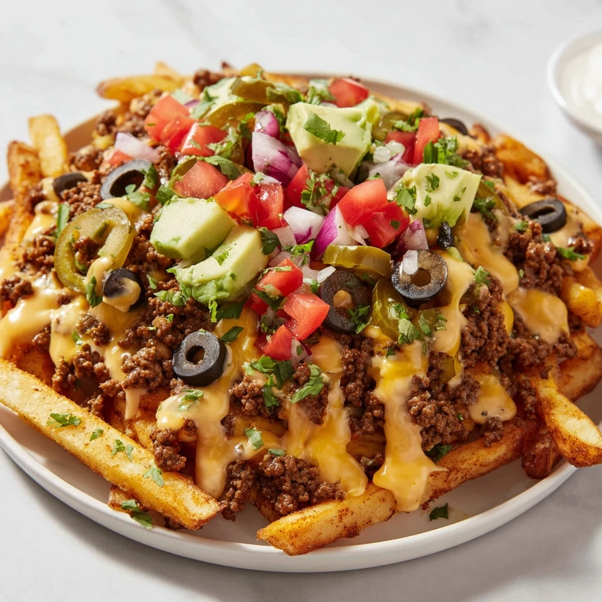 Golden crispy Super Bowl Loaded Nacho Fries topped with melted cheese, seasoned beef, and spicy jalapeños on a serving platter.