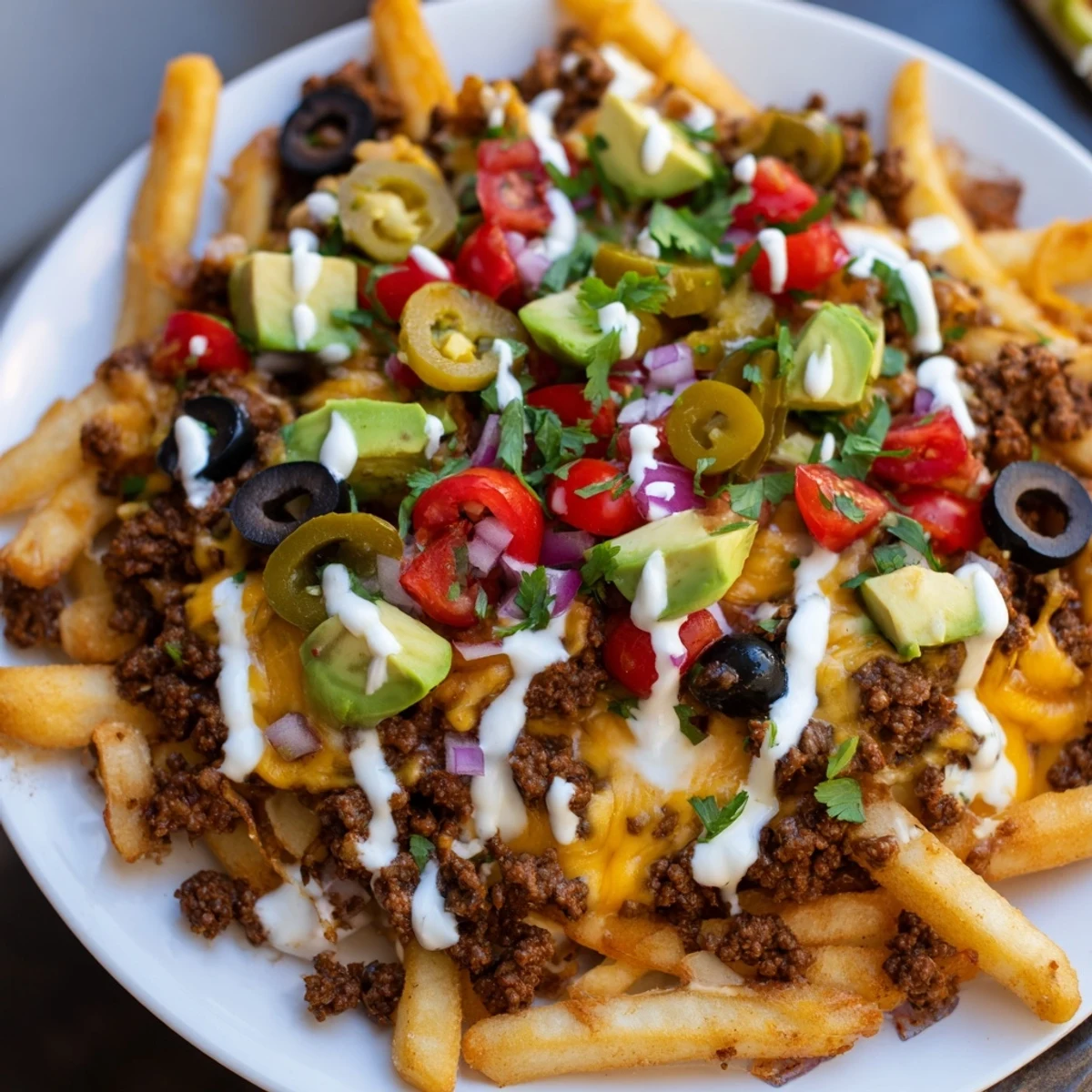 A close-up of Super Bowl Loaded Nacho Fries with sour cream, guacamole, and fresh cilantro for a game day snack.