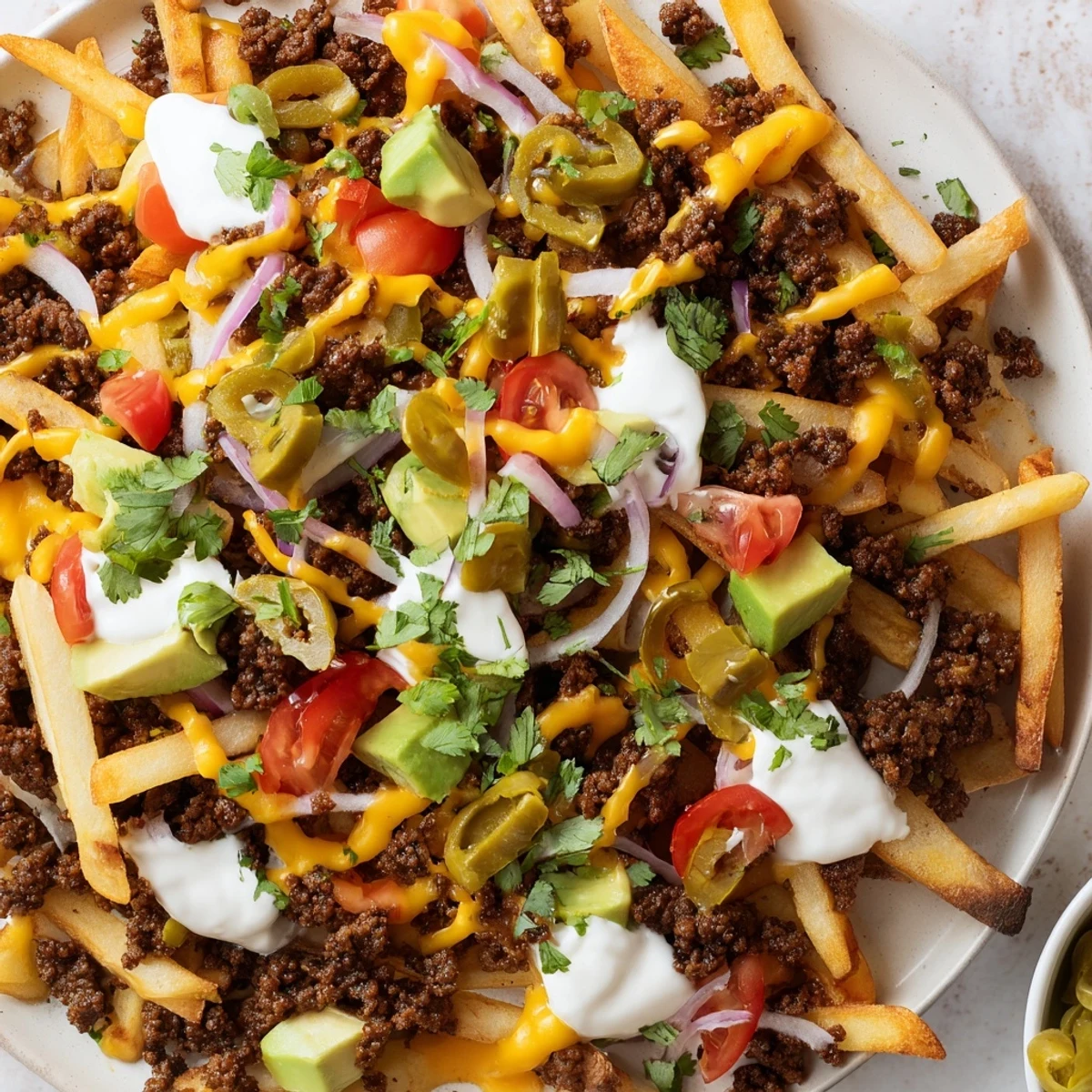 Super Bowl Loaded Nacho Fries served hot and cheesy with beef, tomatoes, and black olives on a skillet.
