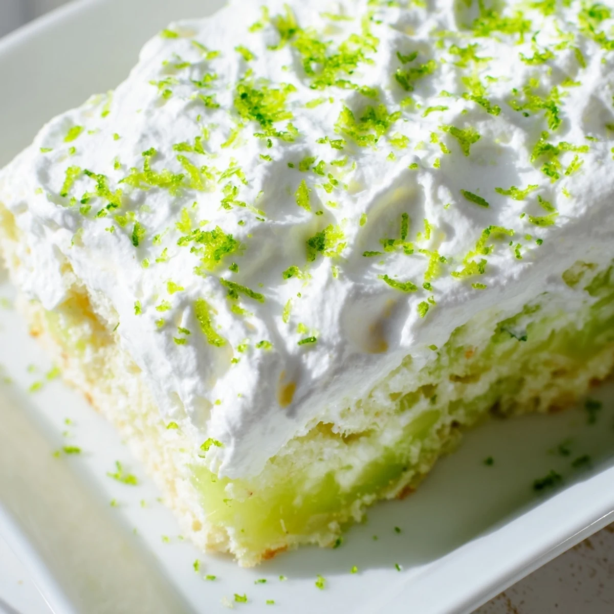 Freshly baked St. Patricks Day Lime Poke Cake with whipped topping and green sprinkles on a wooden table.