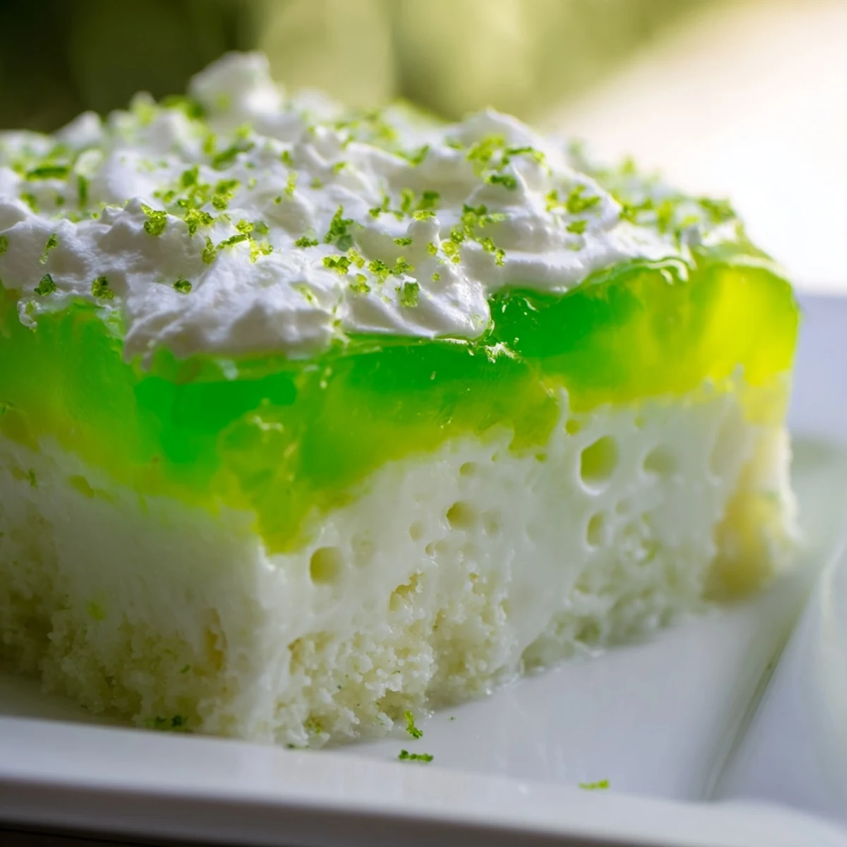 Moist St. Patricks Day Lime Poke Cake with vibrant green gelatin filling and fluffy frosting in a glass pan.