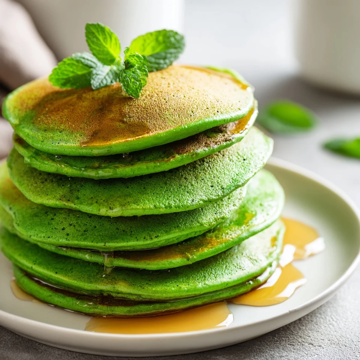 Shamrock Green Pancakes with Syrup are stacked high, golden edges glistening with maple drizzle.