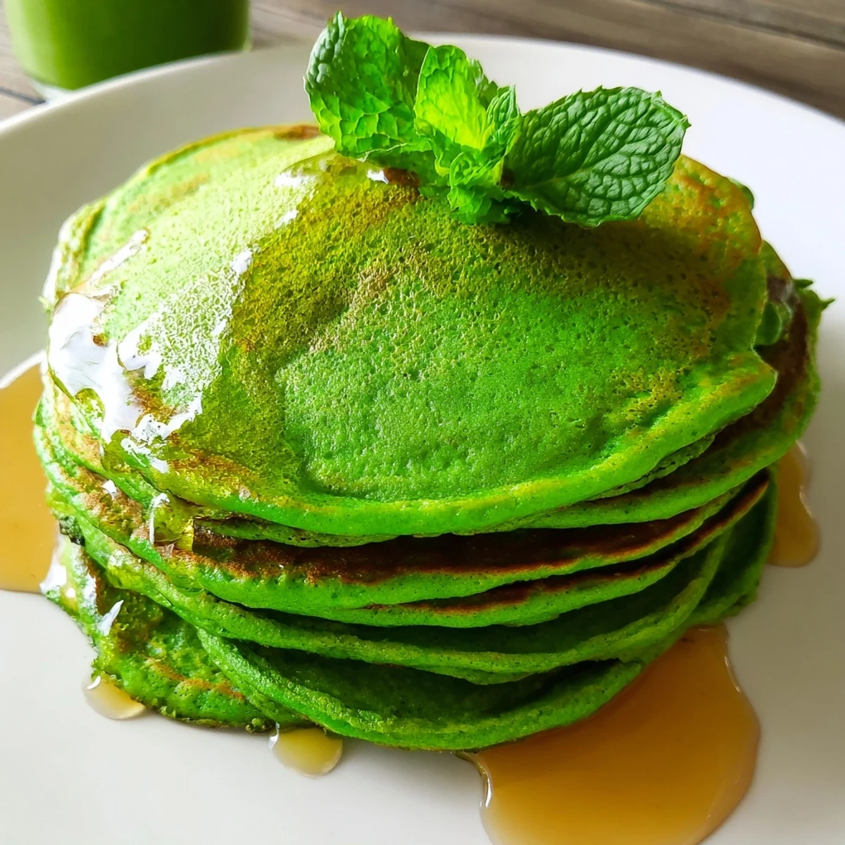 Morning sunlight highlights vibrant Shamrock Green Pancakes with Syrup, ready for a festive breakfast.