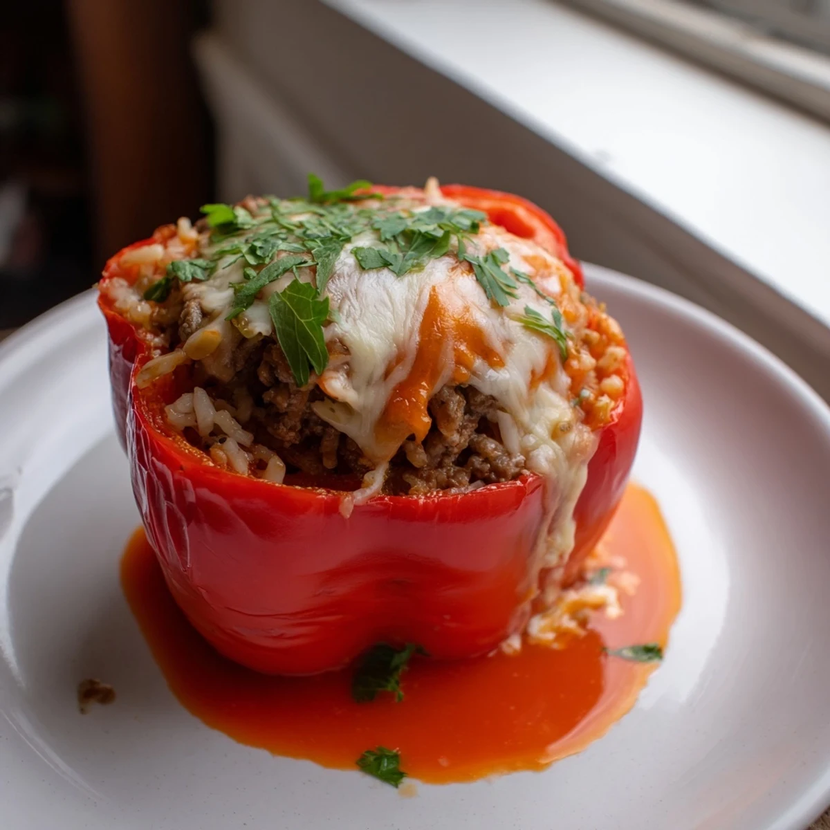 Four colorful bell peppers, two red and two yellow, are arranged upright in a baking dish, filled with a hearty mixture of Creole-spiced ground beef and fluffy white rice, all bubbling under a layer of melted Monterey Jack cheese and a rich tomato sauce.