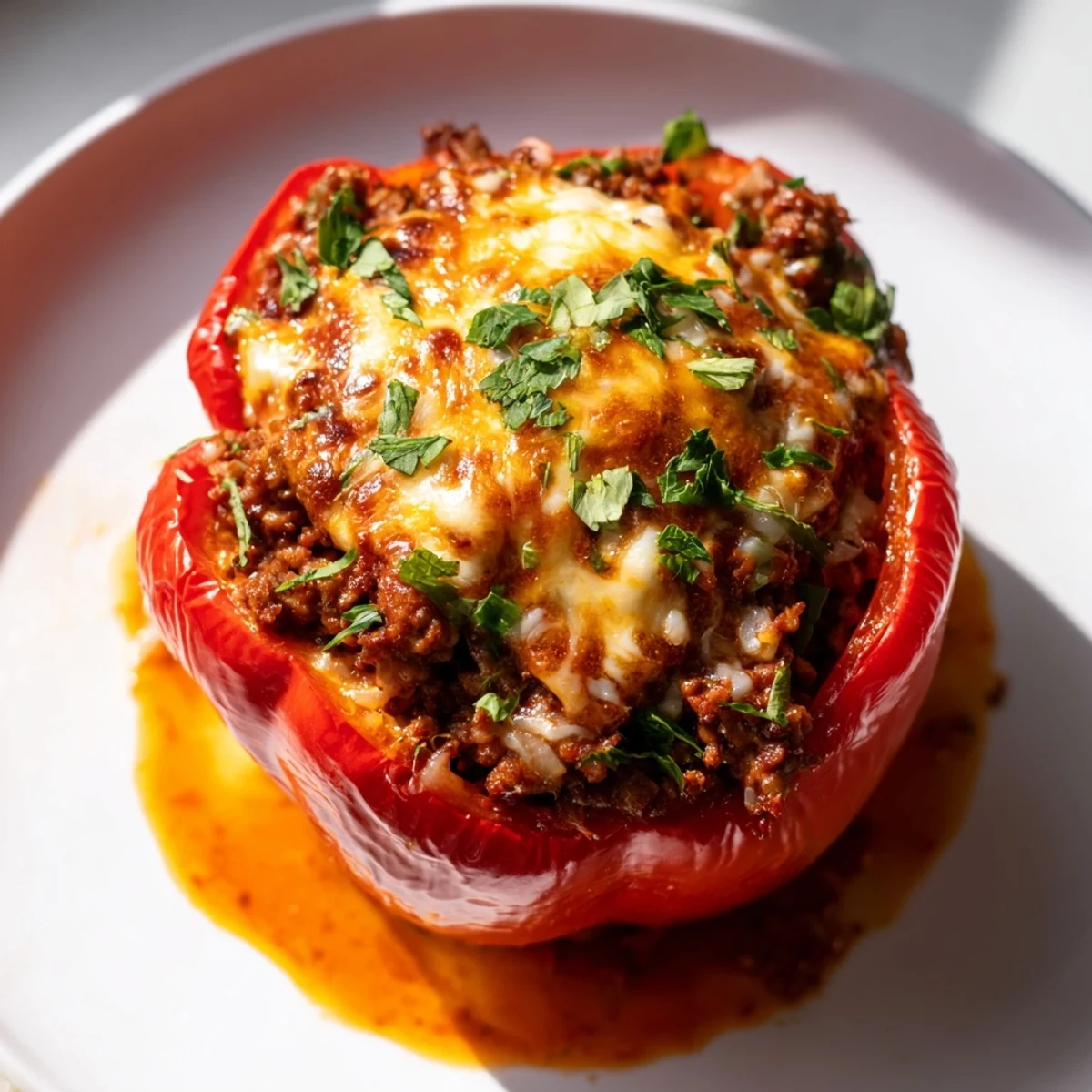 Four vibrant roasted bell peppers stand upright in a glass baking dish, overflowing with a savory blend of seasoned ground beef, rice, and onions, smothered in a zesty tomato sauce and sprinkled with fresh parsley.
