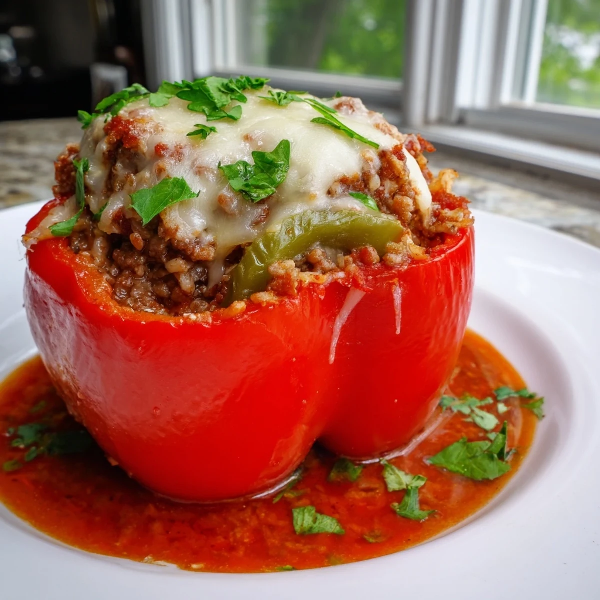 Two roasted Creole stuffed peppers, one red and one yellow, sit on a white plate, steaming gently, showcasing a generous filling of beef, rice, and celery, topped with melted cheddar and a side of crusty French bread.