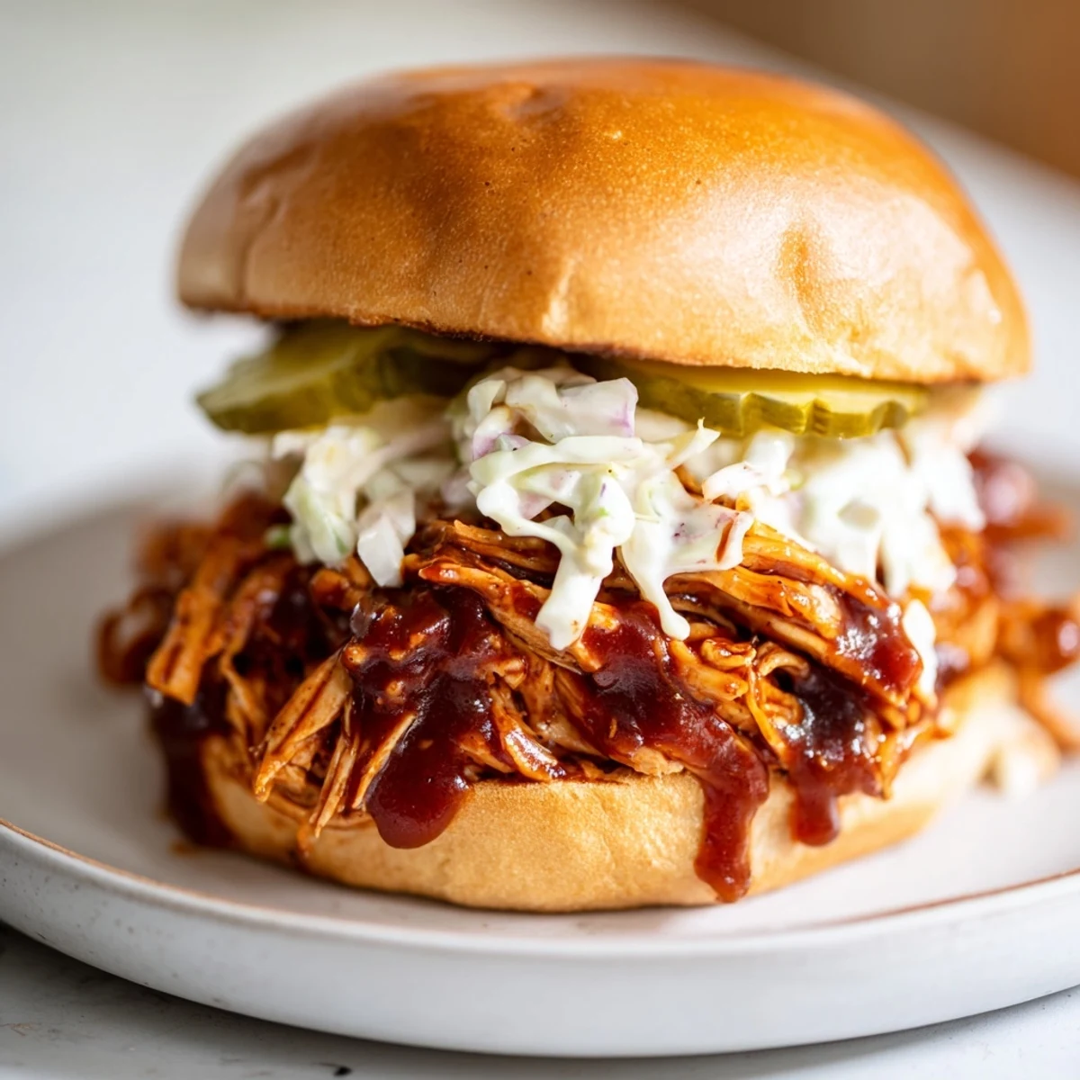 Golden brown Tailgate Pulled Chicken Sandwiches stacked high with tangy coleslaw and glistening barbecue sauce.