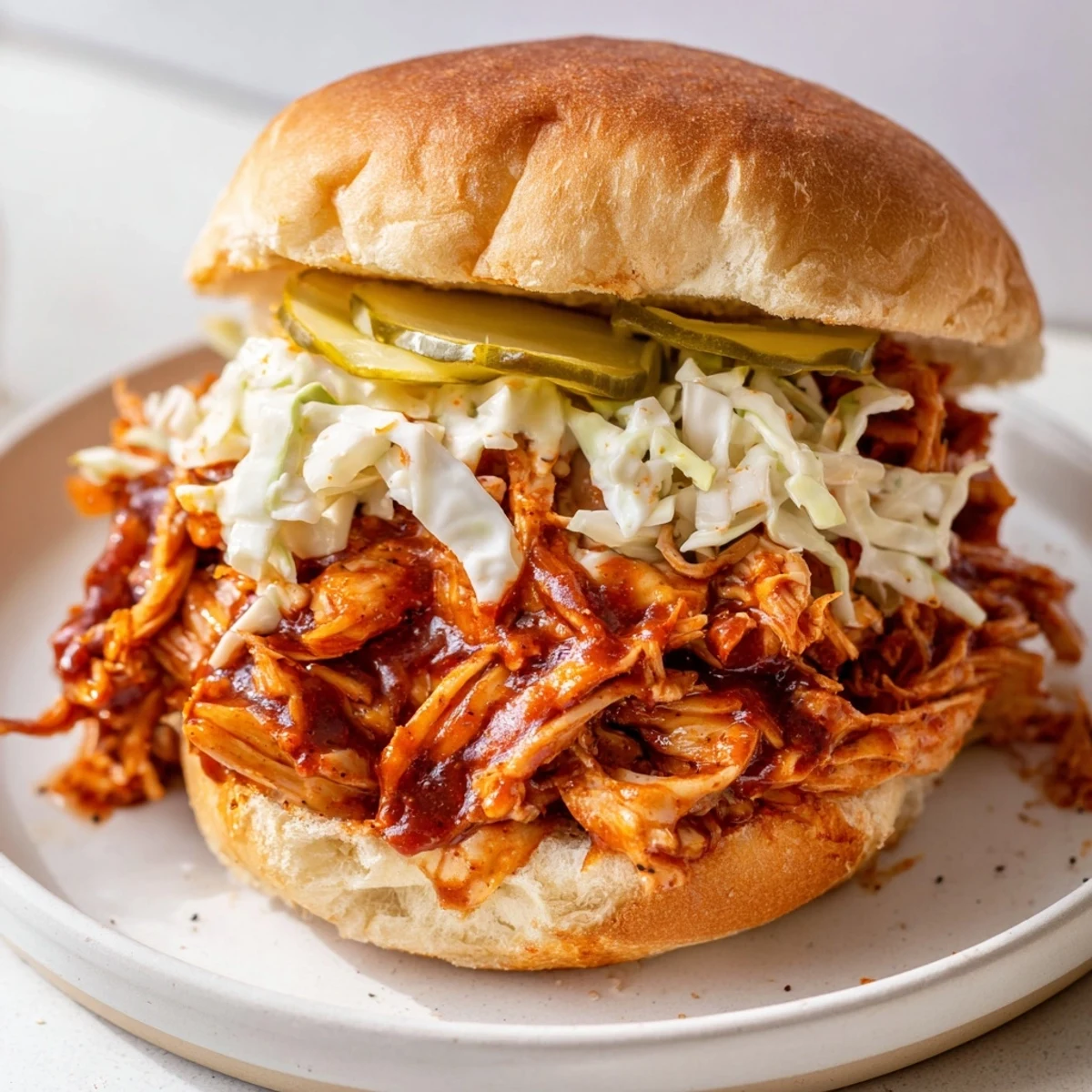 Close up on Tailgate Pulled Chicken Sandwiches showing smoky shredded meat and crisp pickle slices.