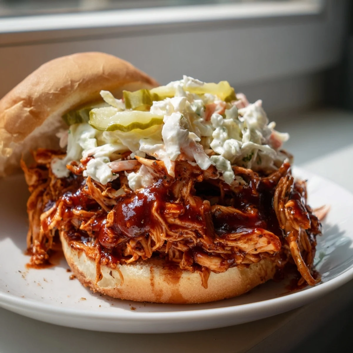 A soft brioche bun overflowing with tender saucy Tailgate Pulled Chicken Sandwiches for game day.