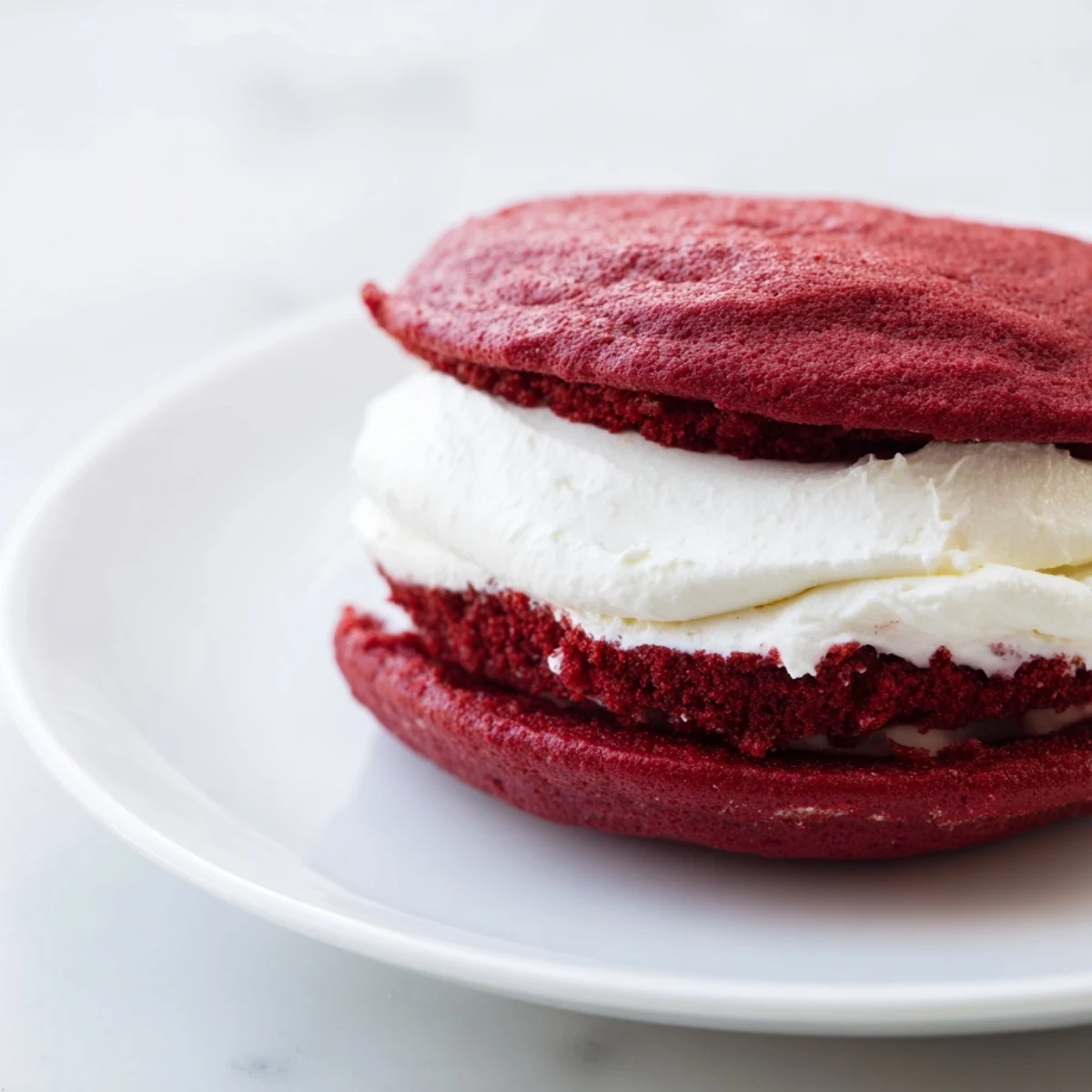Freshly baked Red Velvet Whoopie Pies with marshmallow filling, shown on a rustic wooden board with a glass of cold milk.