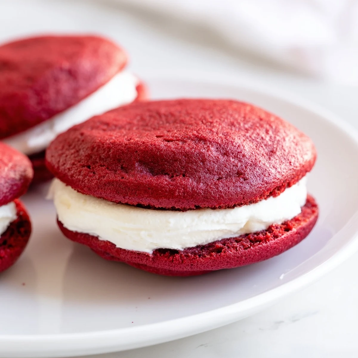 Two soft red velvet whoopie pies are stacked, revealing their fluffy white marshmallow cream center and rich red crumb.
