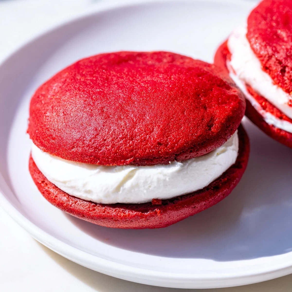 A close-up of Red Velvet Whoopie Pies on a cooling rack, highlighting the cake-like texture and sweet marshmallow filling.