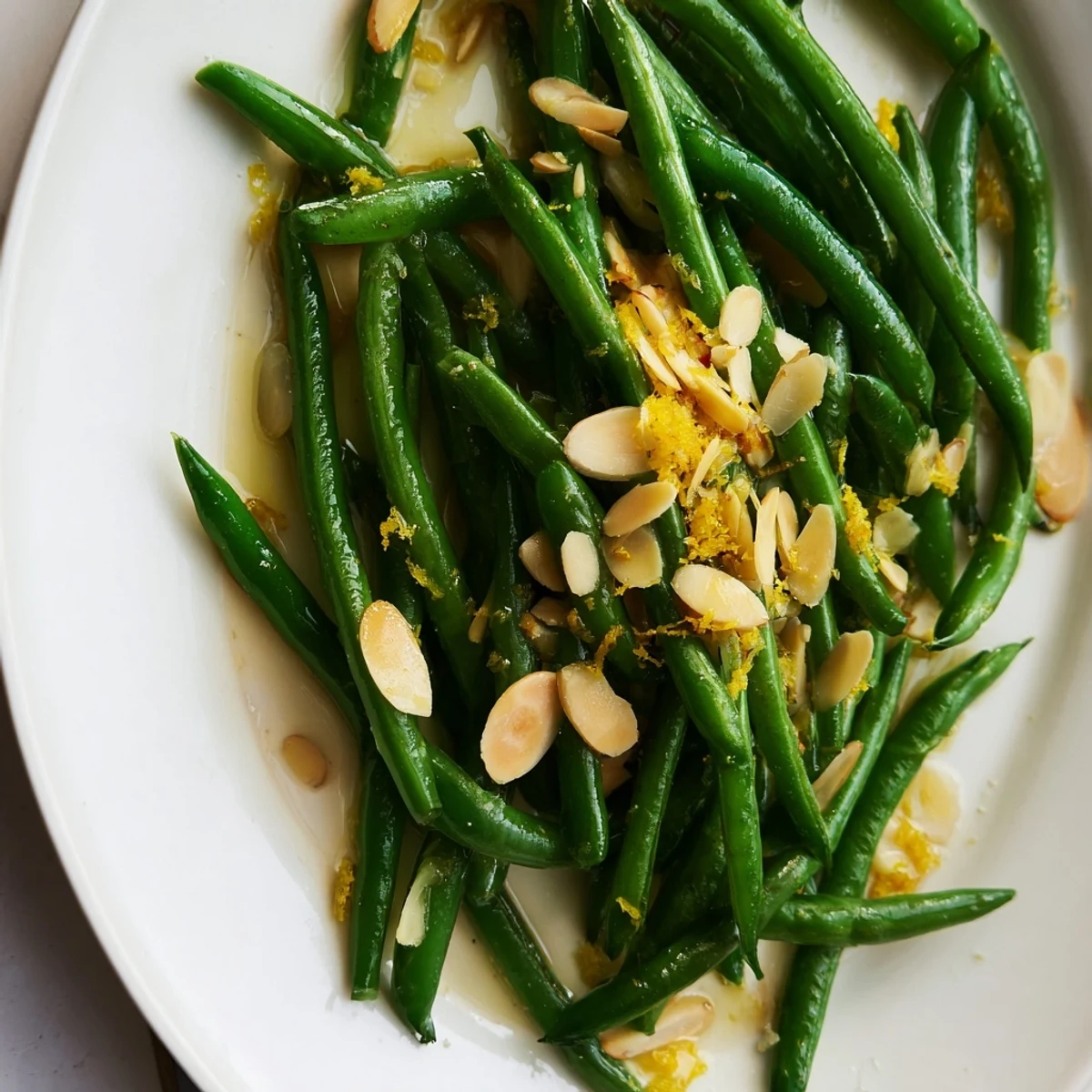 Tender green beans with lemon and almonds sautéed with garlic, served warm as a crisp, bright side dish.