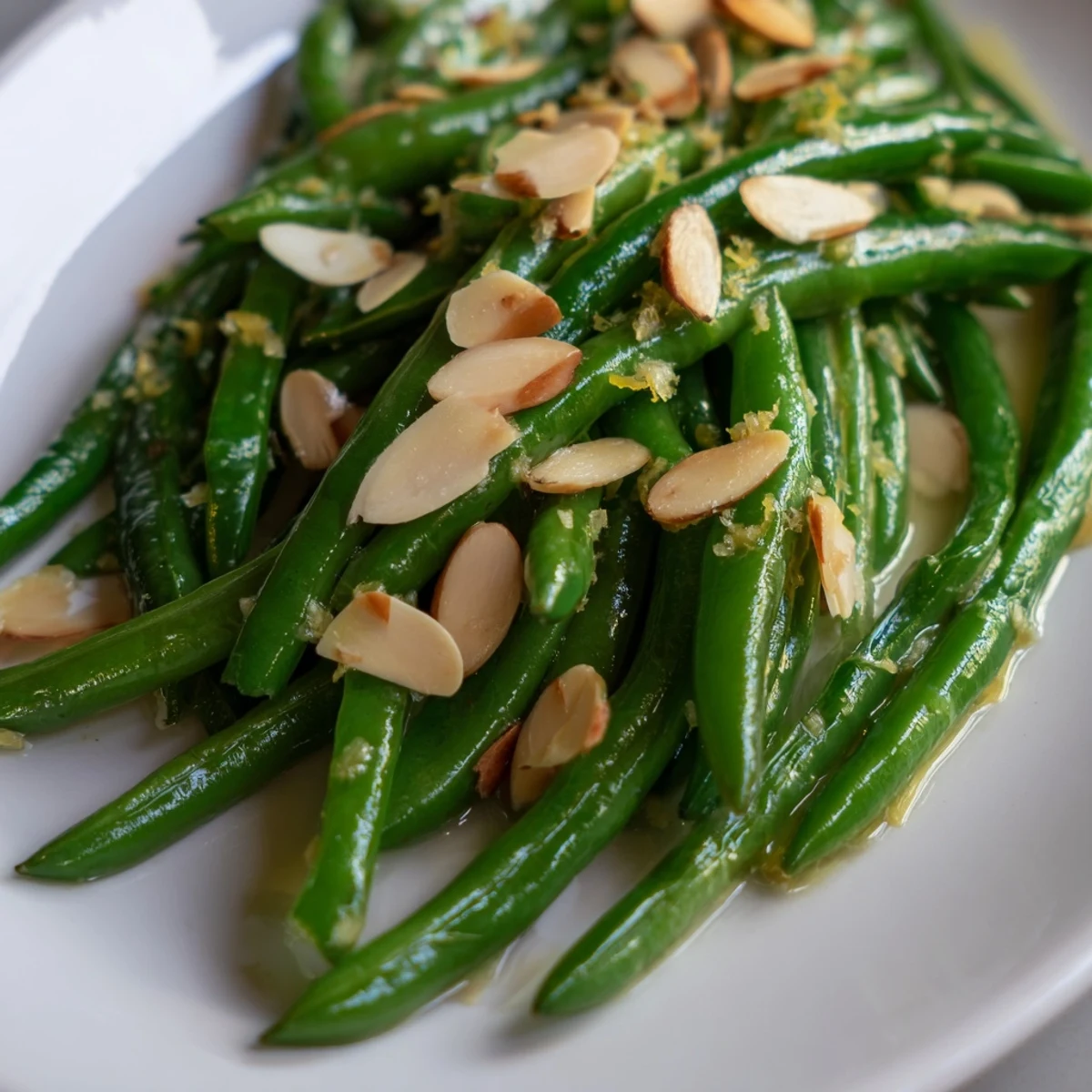 A close-up of green beans with lemon and almonds tossed in butter, garnished with zest for a fresh finish.