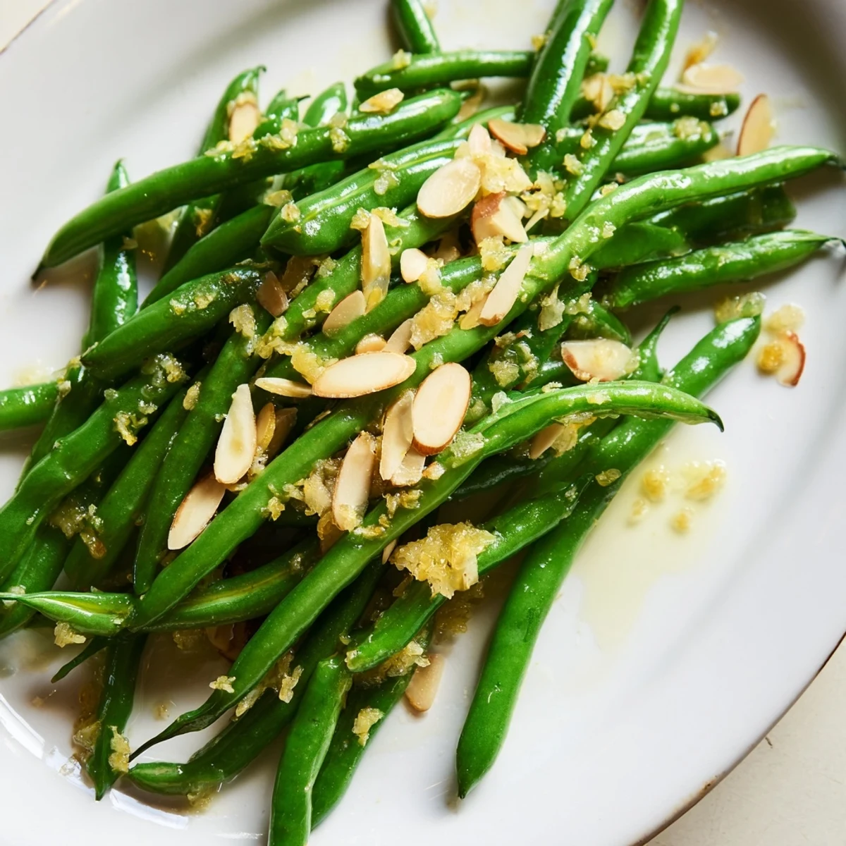 Green beans with lemon and almonds plated beside roasted chicken, showcasing toasted nuts and a vibrant, zesty glaze.