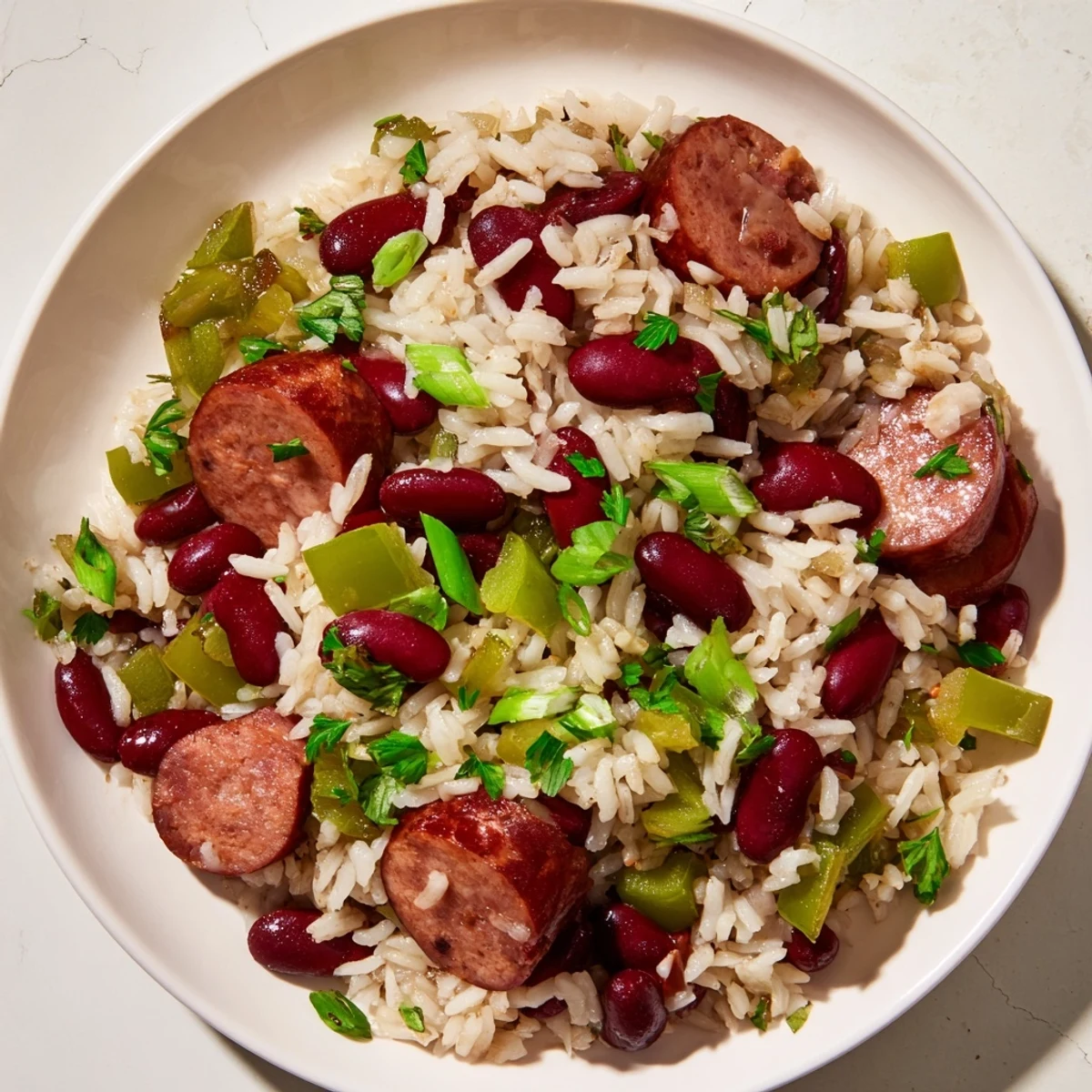 Hearty Mardi Gras Rice and Beans with Beef Sausage served hot in a rustic pot, ready to celebrate a festive gathering.