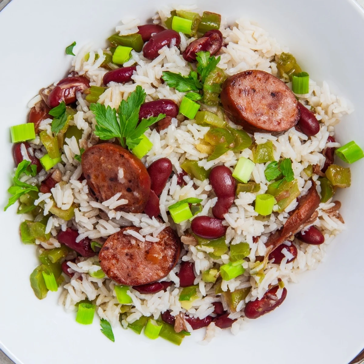A hearty skillet of Mardi Gras Rice and Beans with Beef Sausage, featuring smoky sausage slices nestled among tender beans and rice.