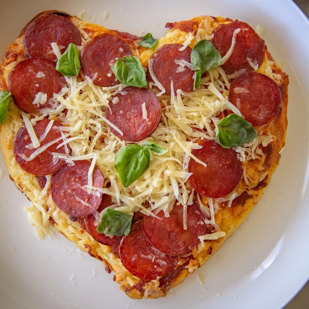 Heart Shaped Beef Pepperoni Pizza on a baking sheet, golden crust with melted mozzarella and savory beef slices.  