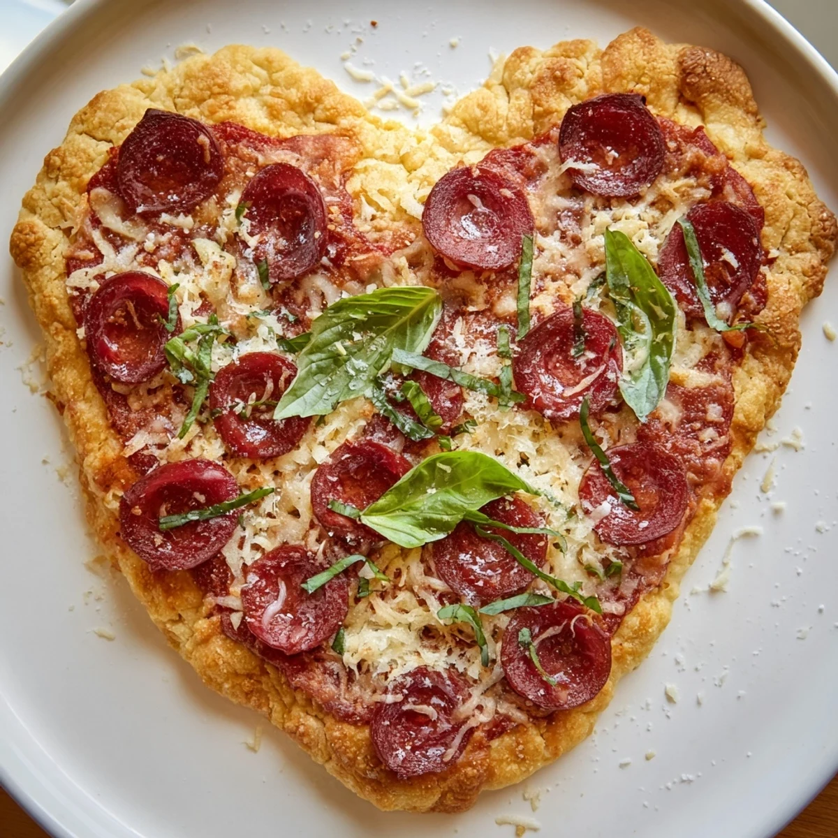Sizzling Heart Shaped Beef Pepperoni Pizza fresh from the oven, topped with fresh basil and a drizzle of olive oil.  