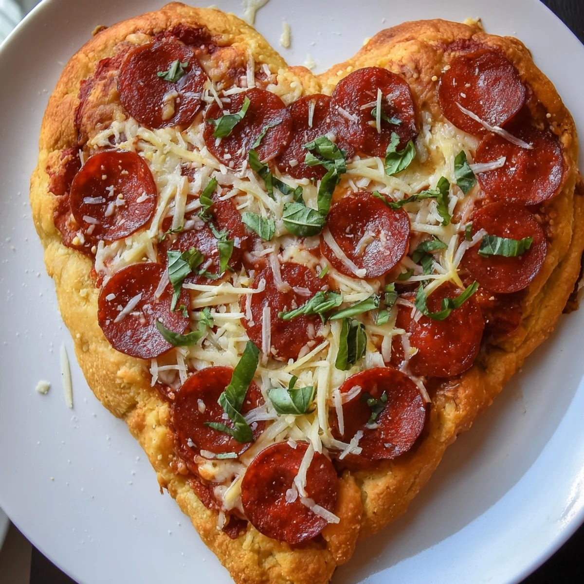 Homemade Heart Shaped Beef Pepperoni Pizza with a crisp crust, served hot and ready for a romantic dinner.