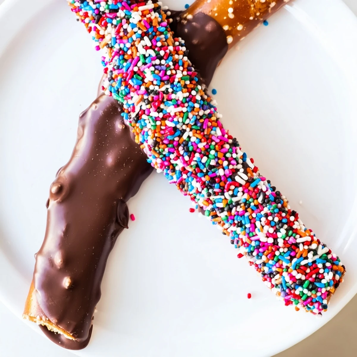 Glazed Chocolate Dipped Pretzels with Valentine Sprinkles glisten on parchment, showcasing crunchy pretzels covered in rich chocolate and colorful hearts.