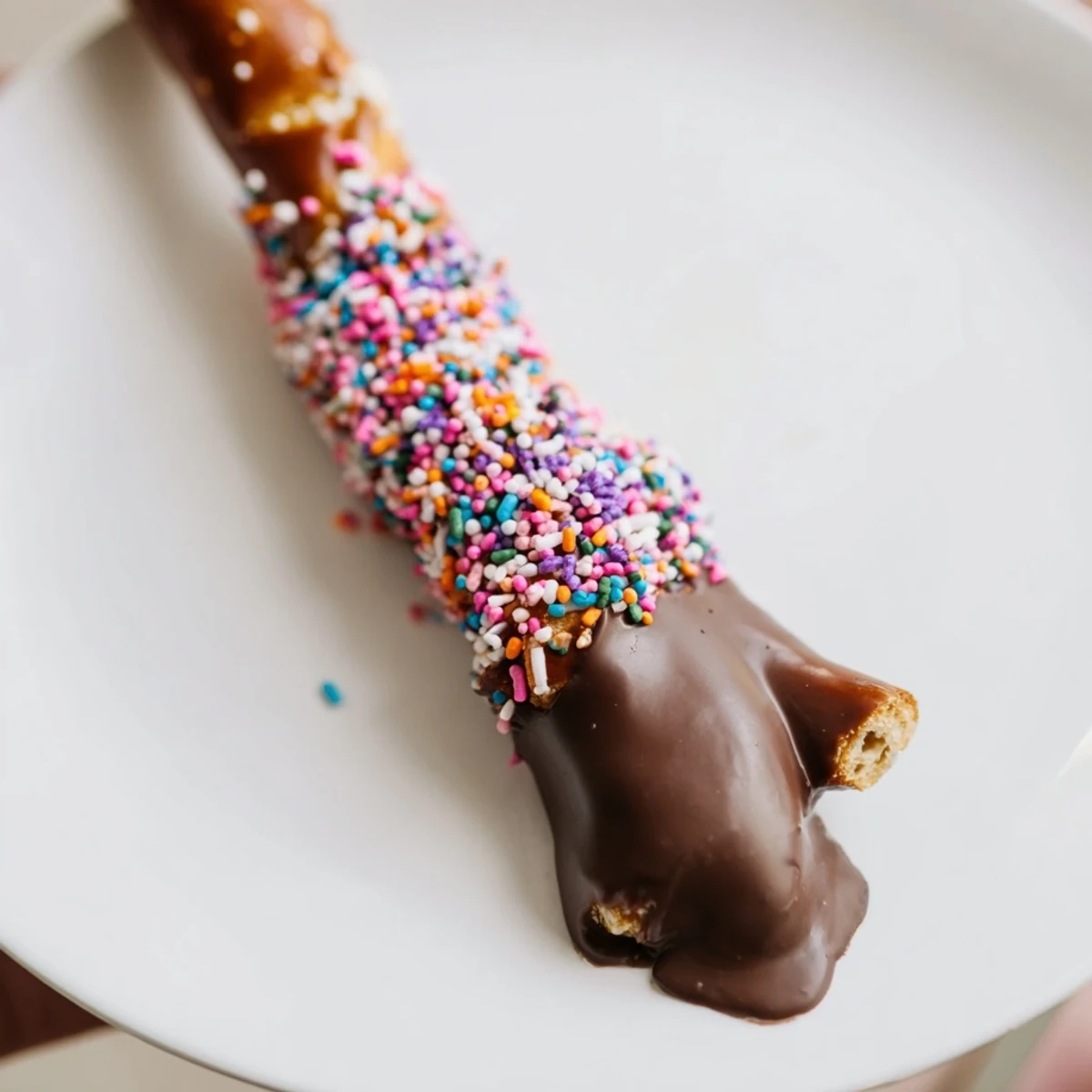 A close-up of Chocolate Dipped Pretzels with Valentine Sprinkles, where melted chocolate and sparkling sugar create a deliciously decorative Valentine's Day treat.