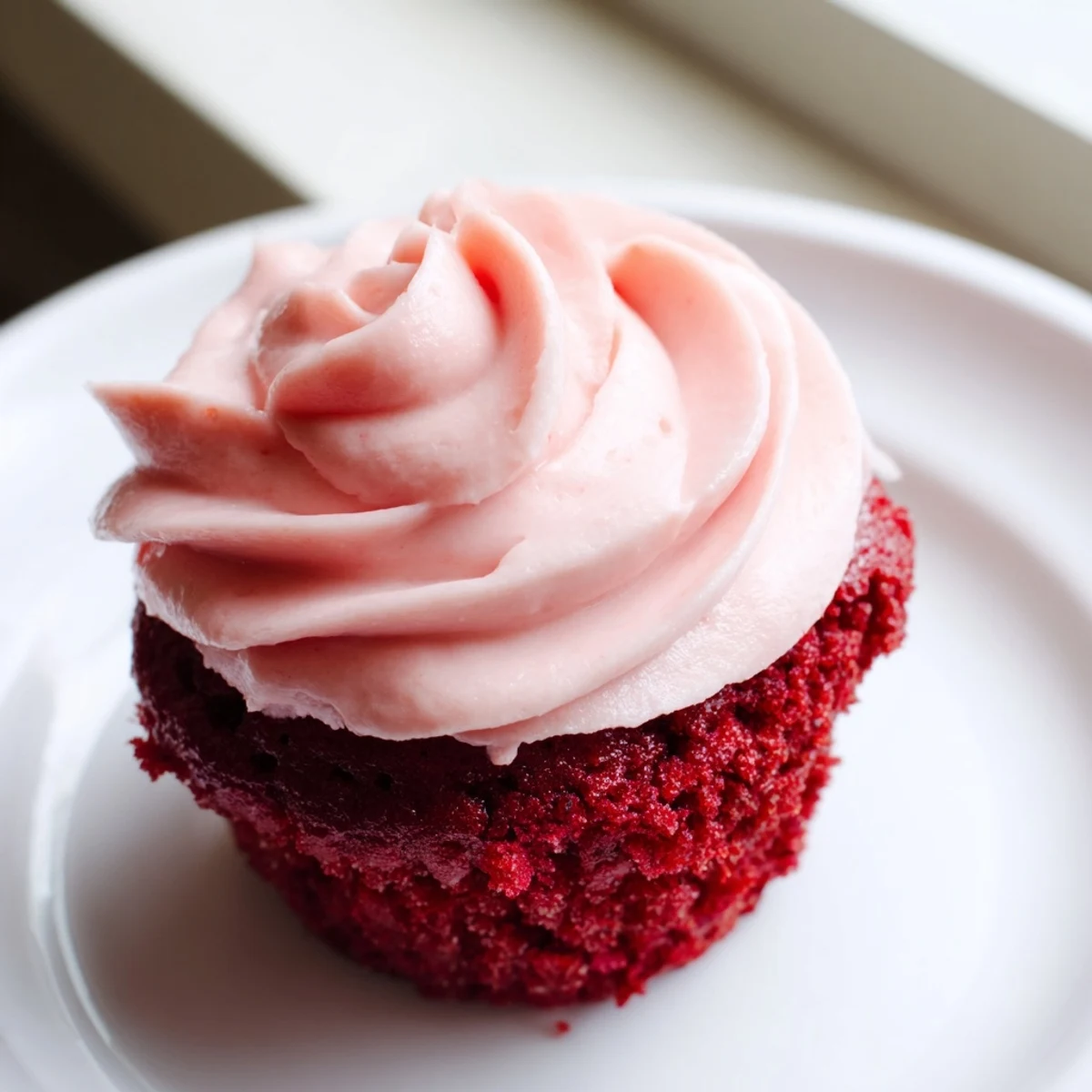 Moist red velvet cupcakes topped with silky pink cream cheese frosting, served on a white plate.