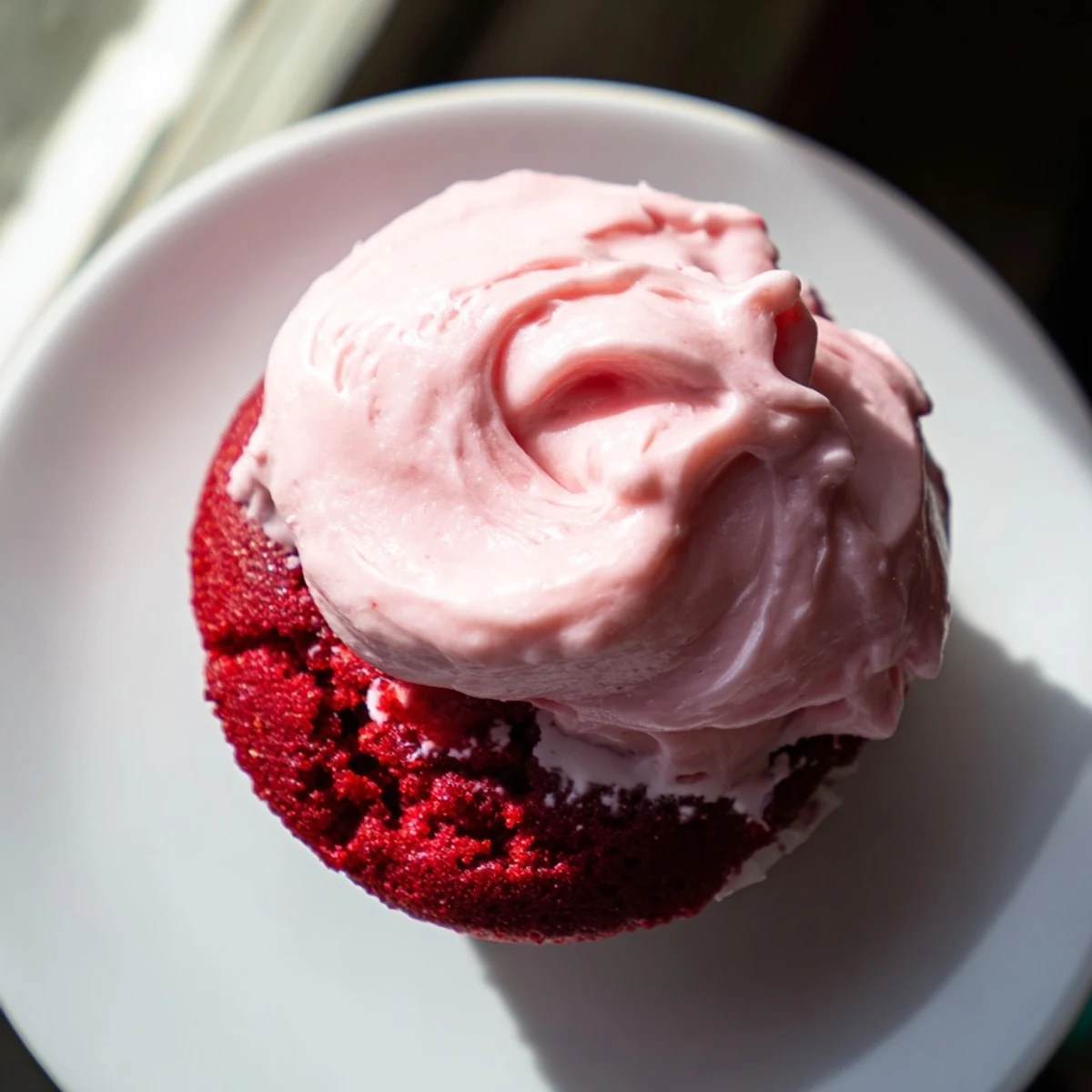 These vibrant red velvet cupcakes feature rich frosting and are arranged on a wooden board.